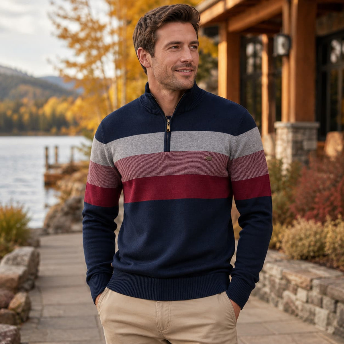 Men's Colour-Block Quarter-Zip Knit Jumper