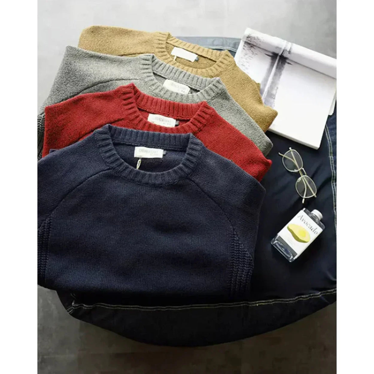 Men's Raglan Wool-Look Crew Neck Jumper with Elbow Patches