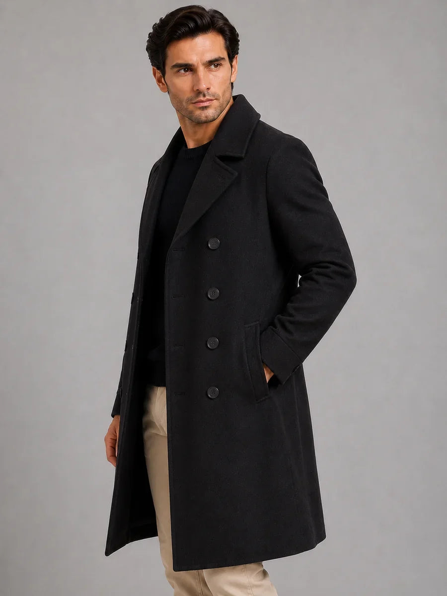 Men's Classic Double Breasted Wool-Look Longline Overcoat