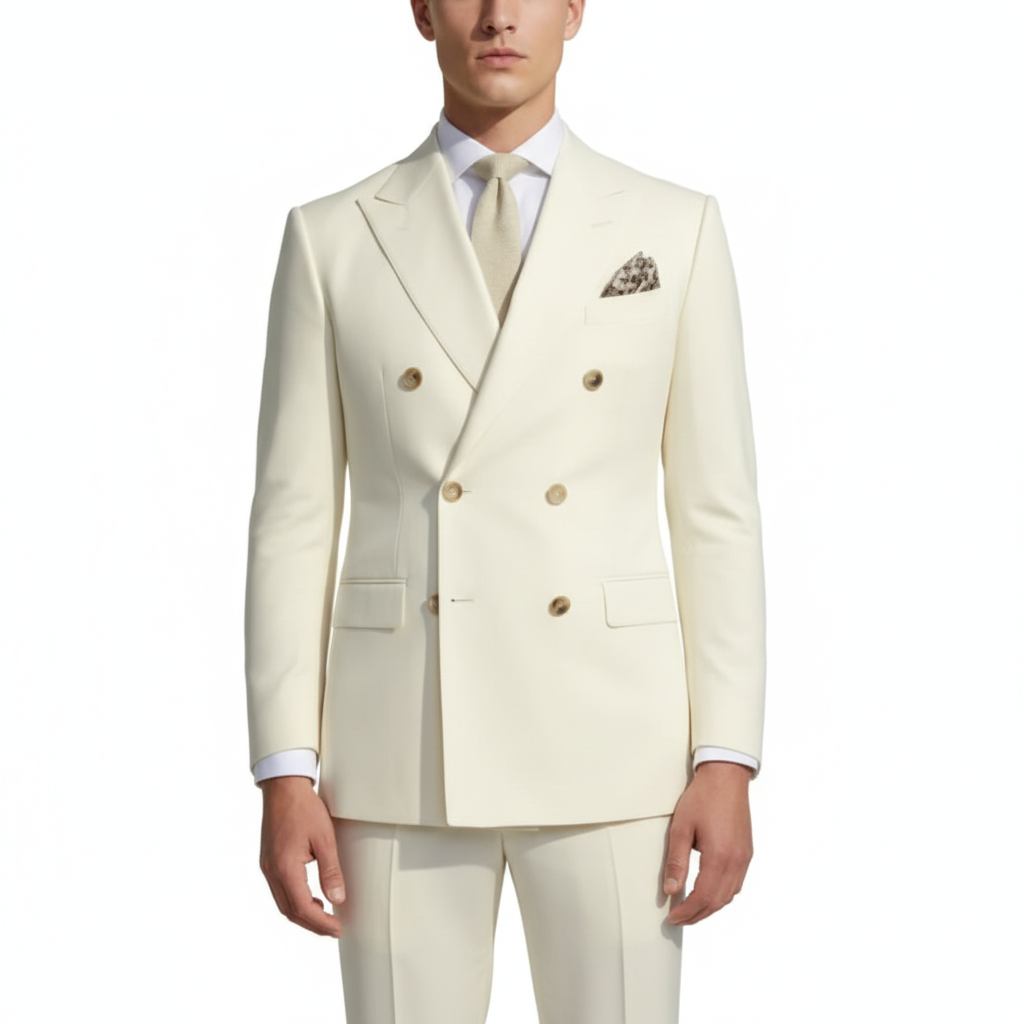 Men's Double Breasted Peak Lapel Suit in Cream