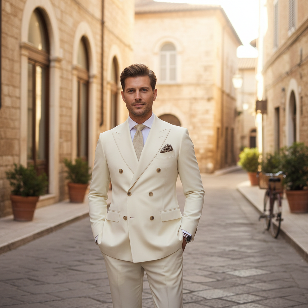 Men's Double Breasted Peak Lapel Suit in Cream