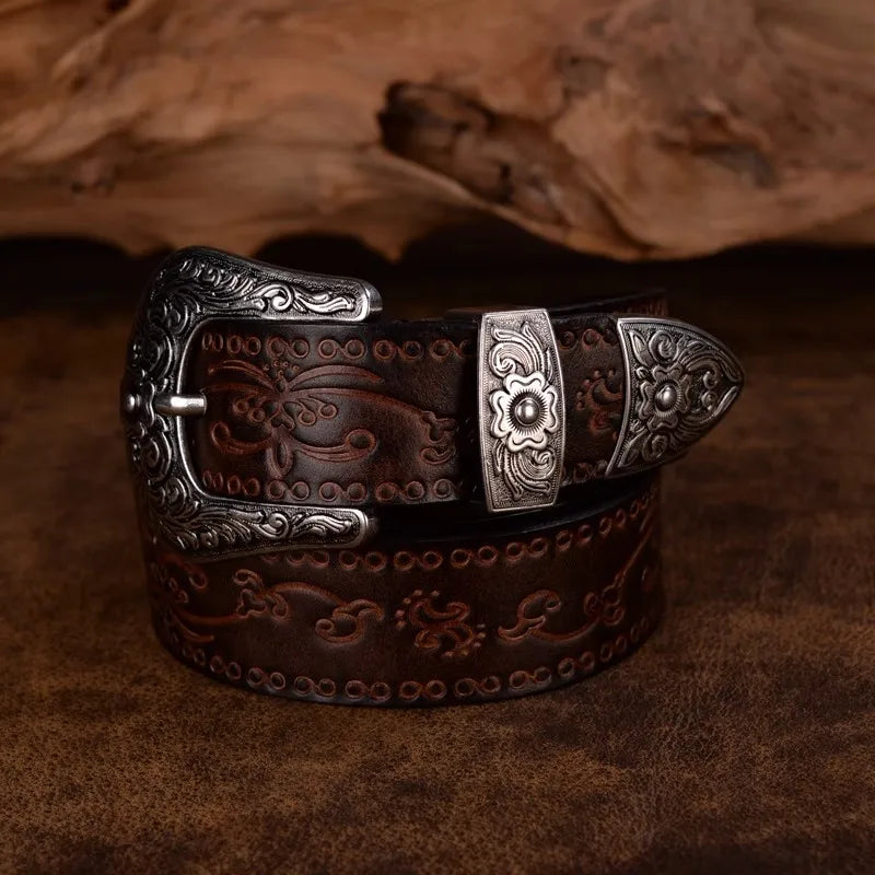 Men's Western Belt with Engraved Metal Buckle