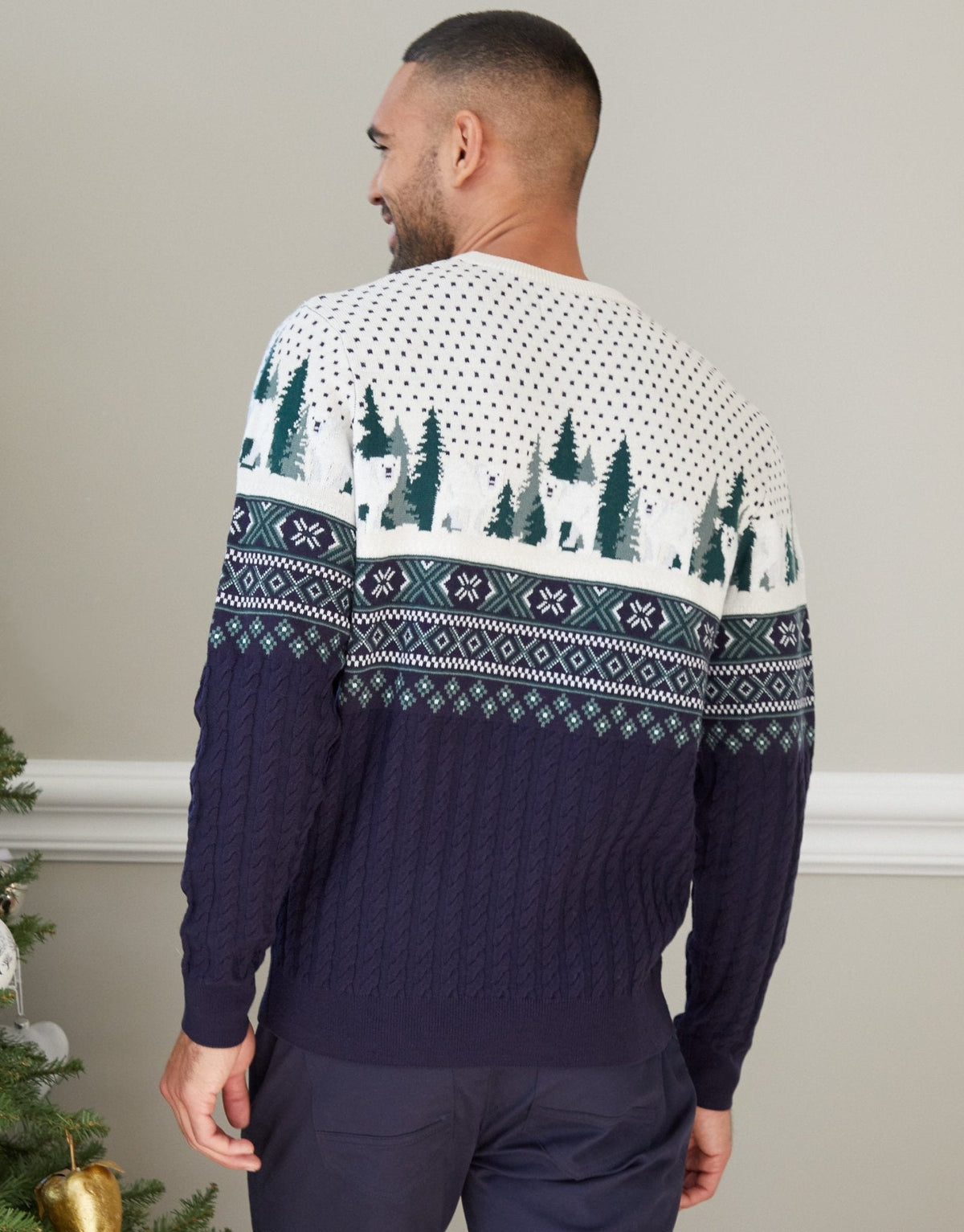 Men's Christmas Jumper Fair Isle Polar Bear Cable Knit in Navy