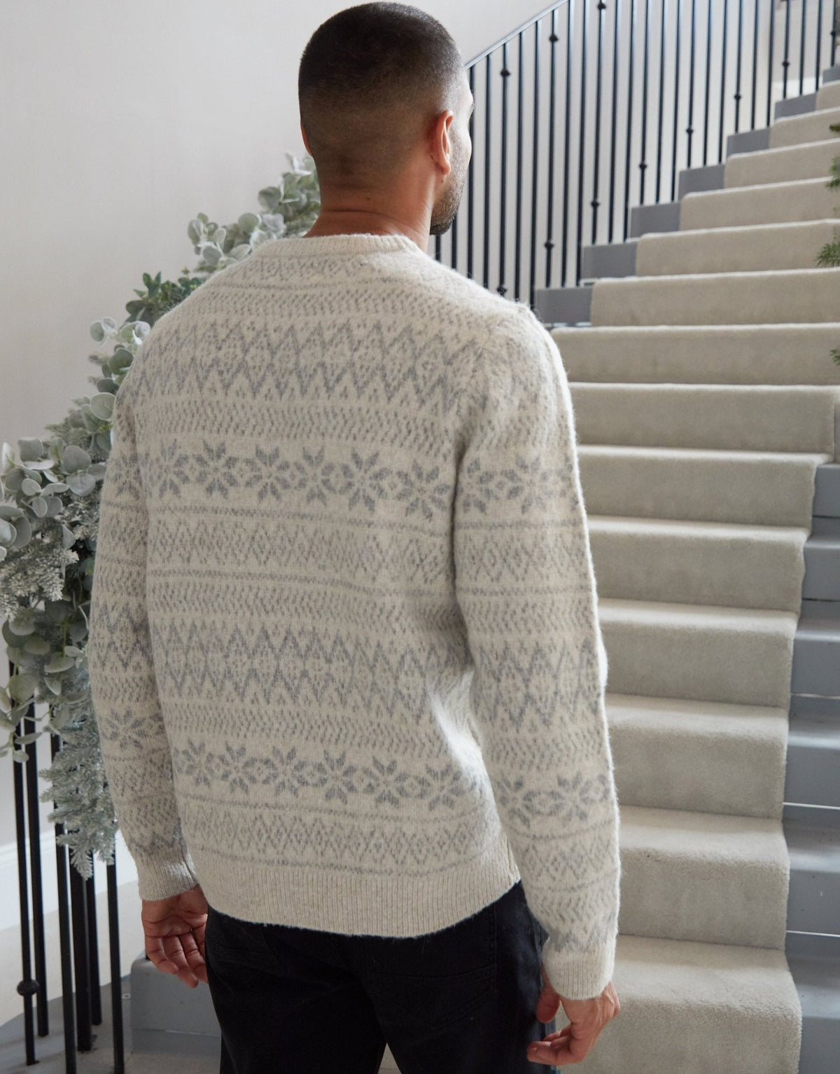 Men's Christmas Jumper Fair Isle Snowflake Crew Neck in Ecru