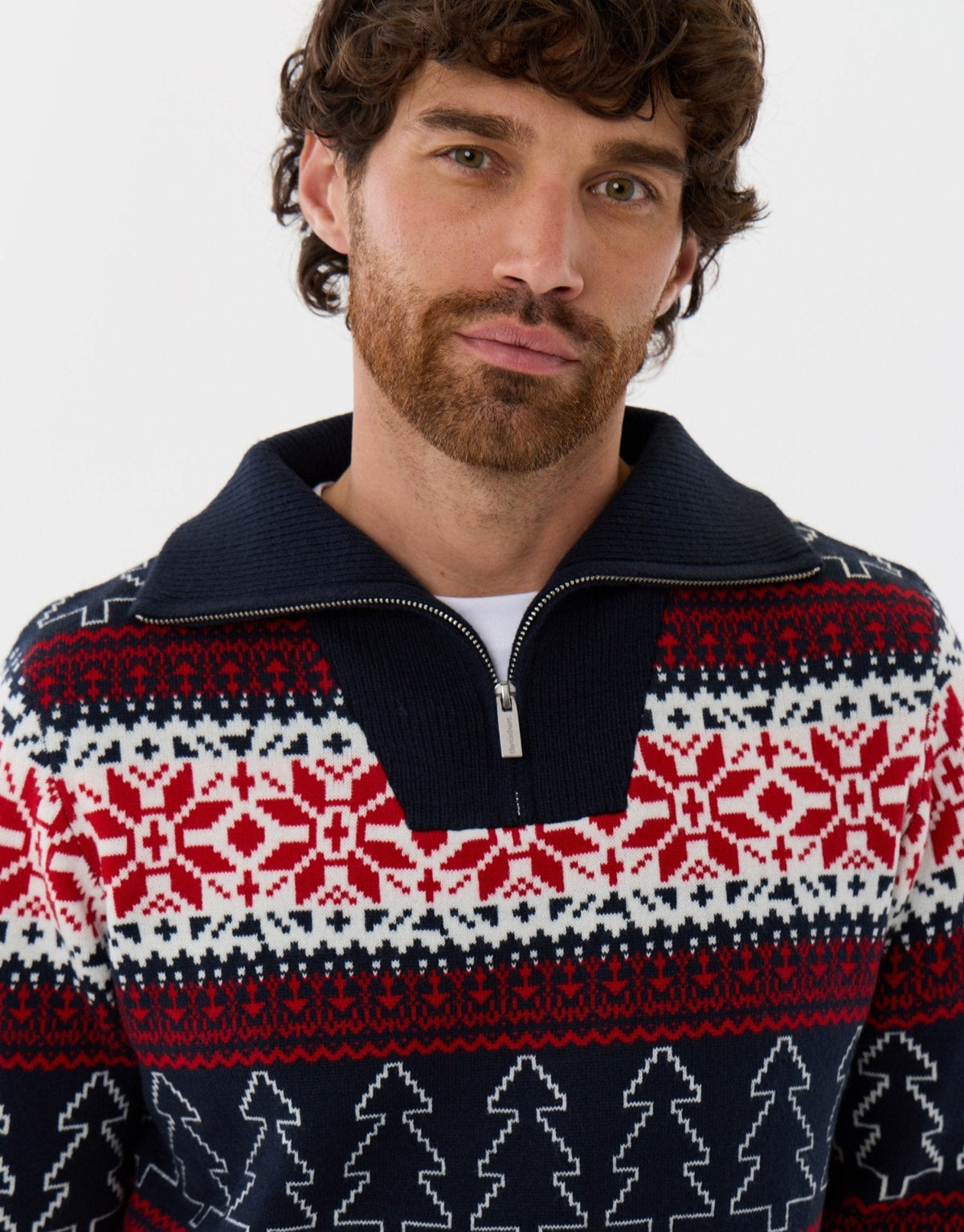 Men's Christmas Jumper Fair Isle Snowflake Tree Quarter Zip