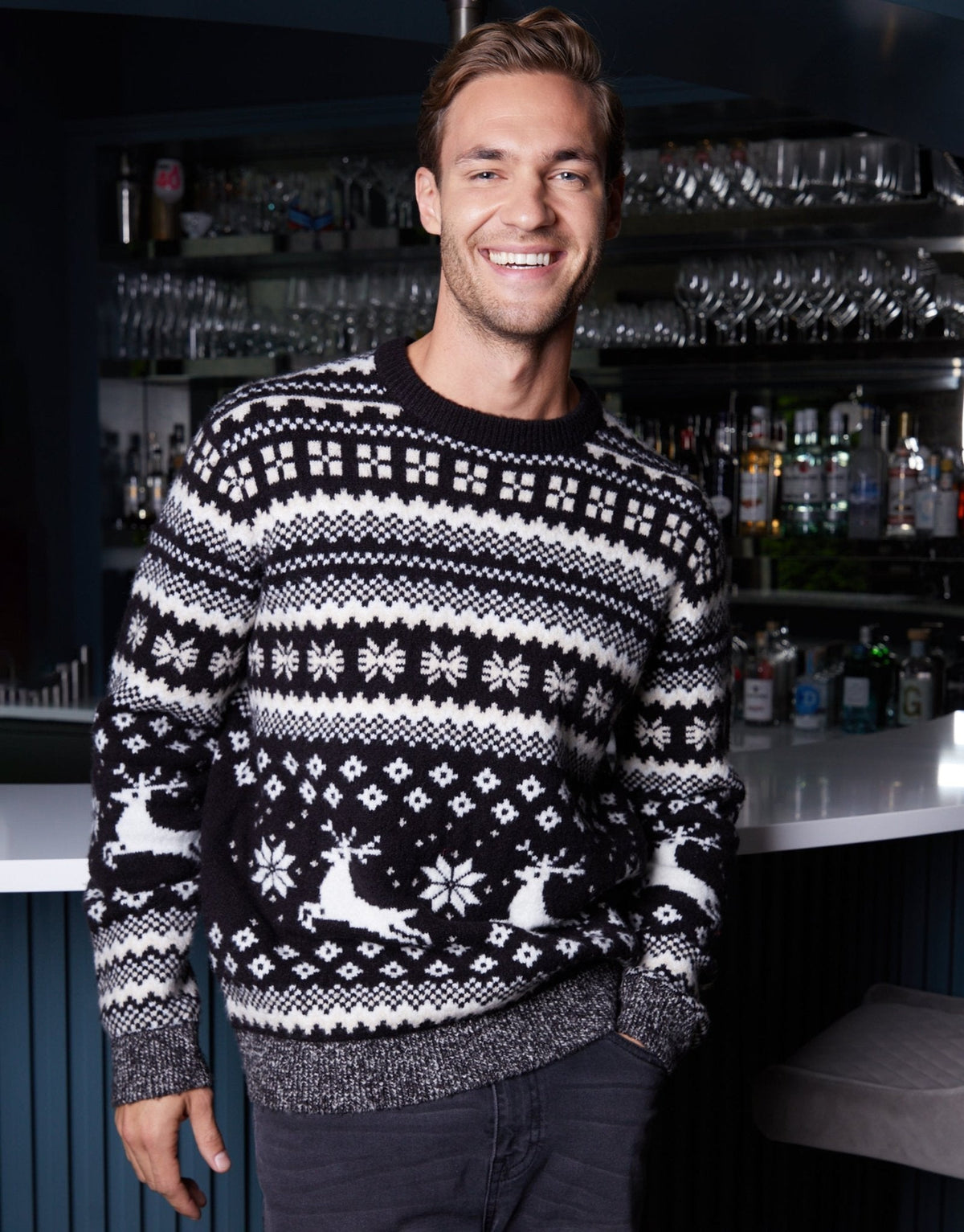 Men's Christmas Jumper Fair Isle Reindeer Snowflake in Black