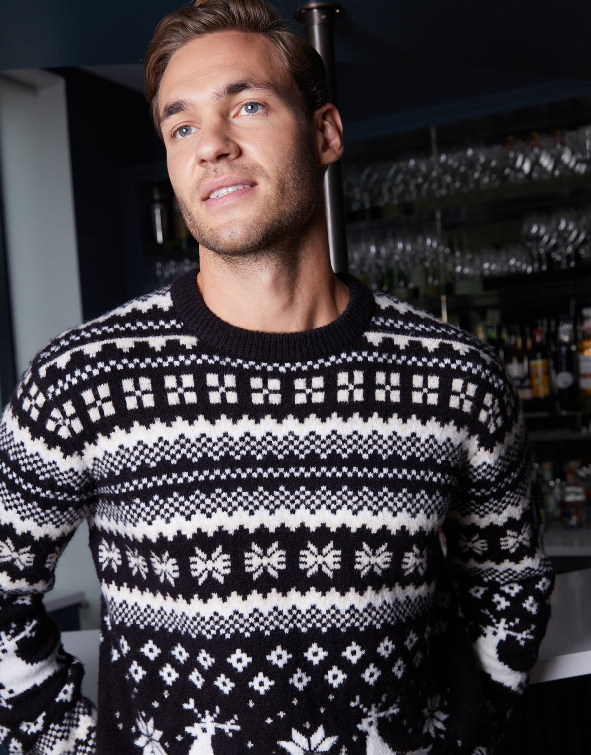 Men's Christmas Jumper Fair Isle Reindeer Snowflake in Black