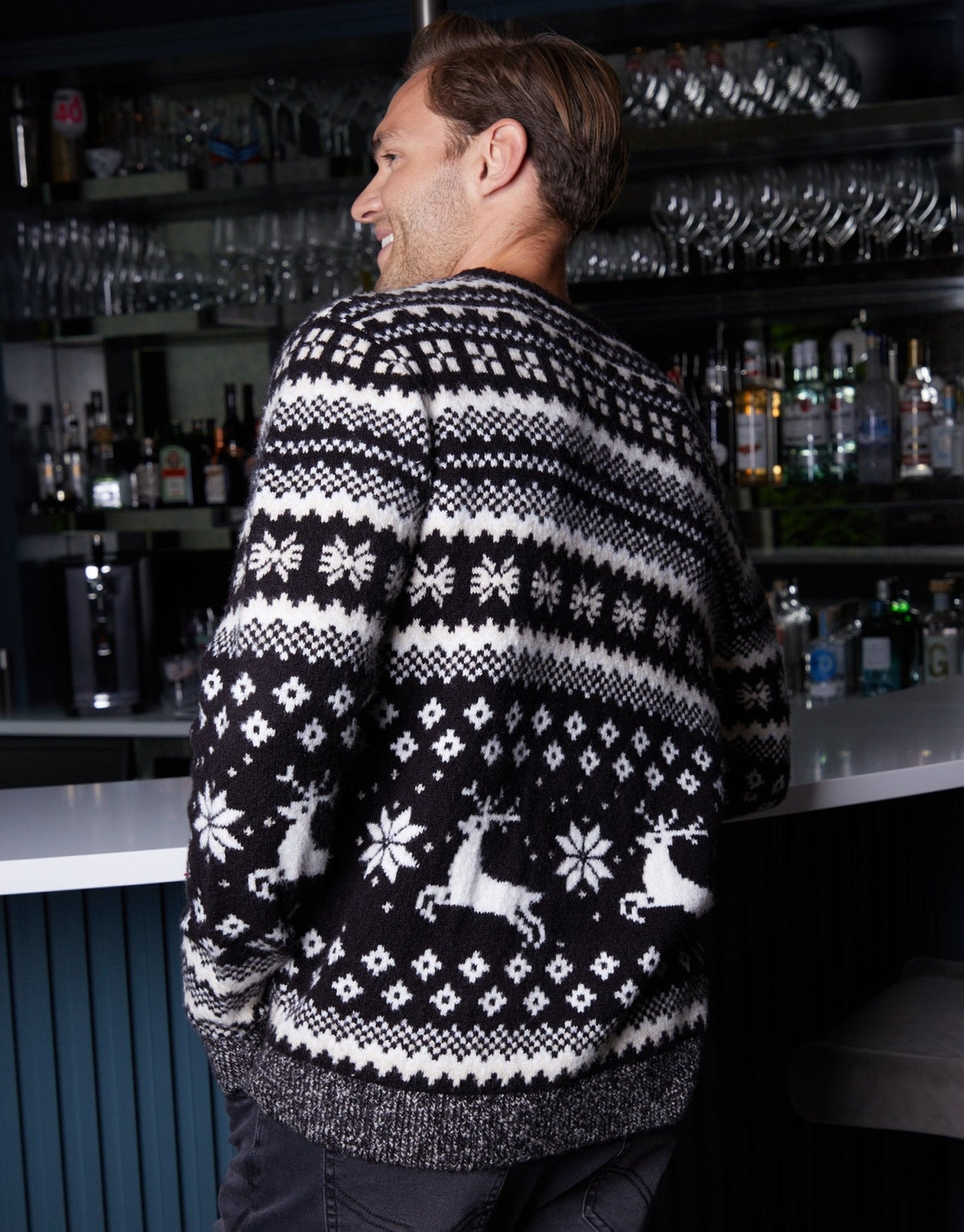 Men's Christmas Jumper Fair Isle Reindeer Snowflake in Black