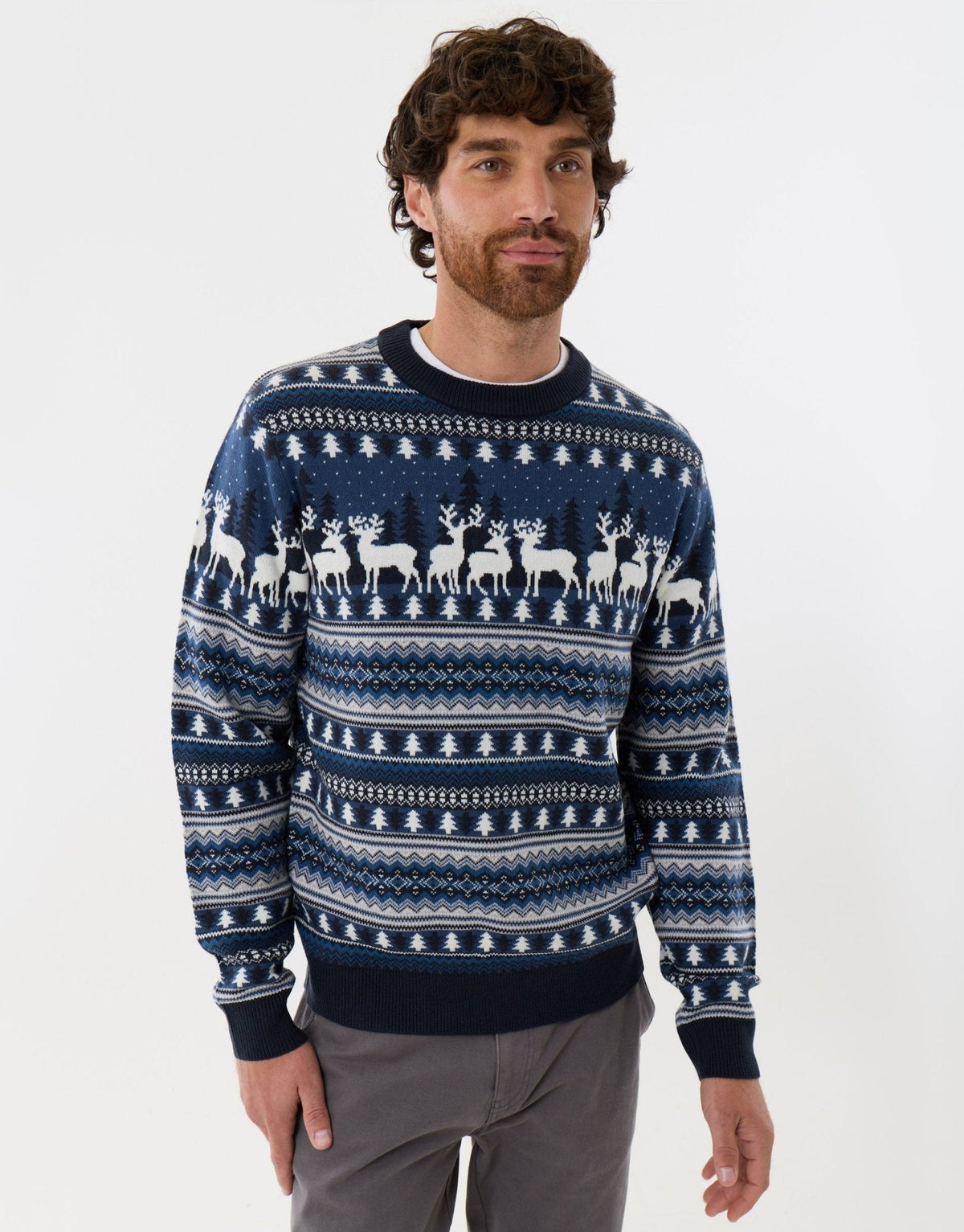 Men's Christmas Jumper Fair Isle Reindeer All-Over in Navy