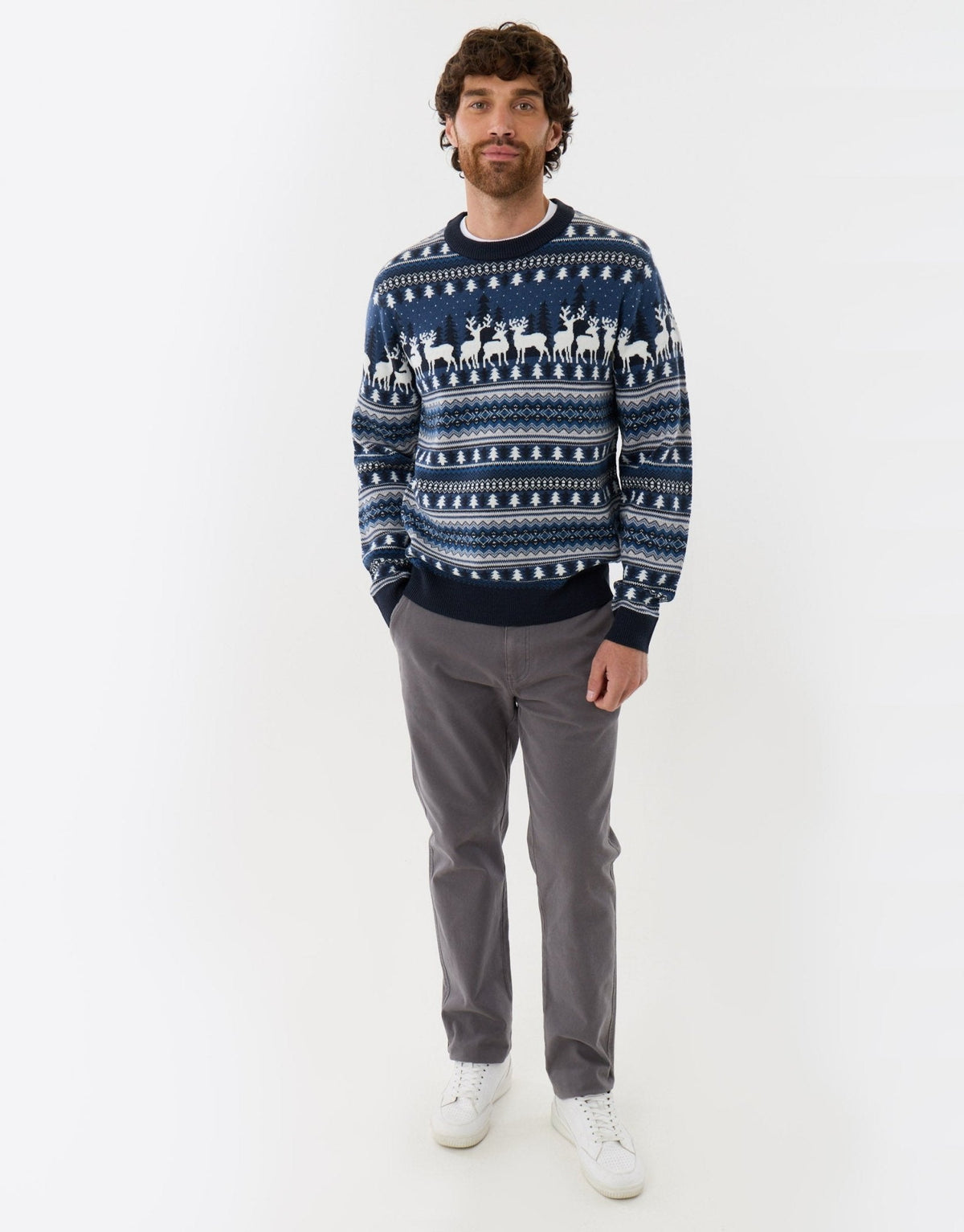 Men's Christmas Jumper Fair Isle Reindeer All-Over in Navy