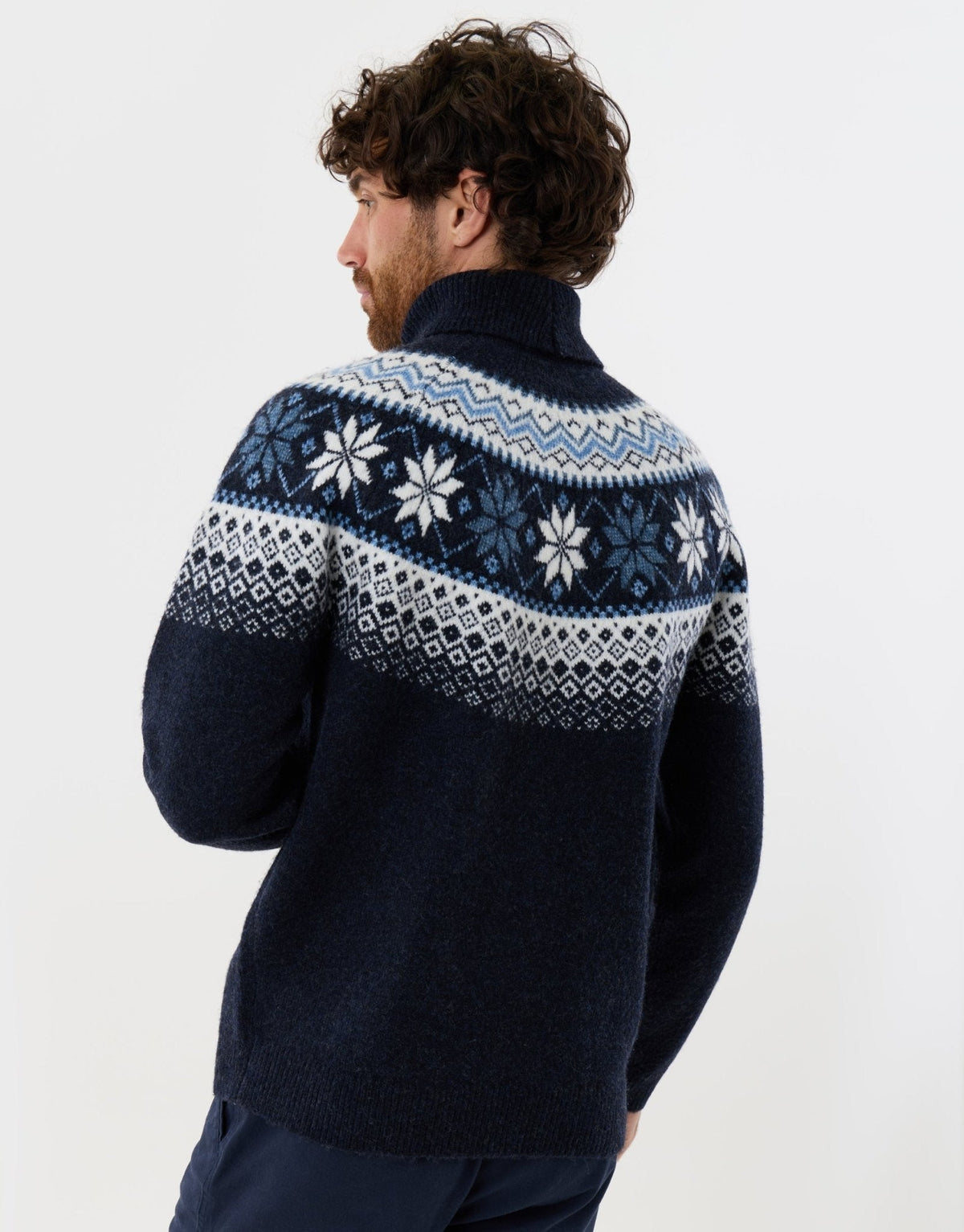 Men's Christmas Jumper Fair Isle Snowflake Roll Neck in Navy