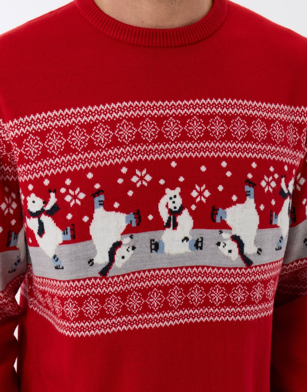 Men's Christmas Jumper Fair Isle Skating Polar Bear in Red