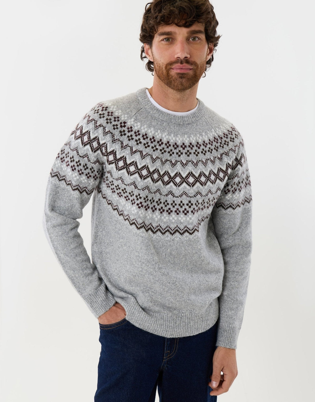 Men's Christmas Jumper Fair Isle Diamond Yoke in Grey