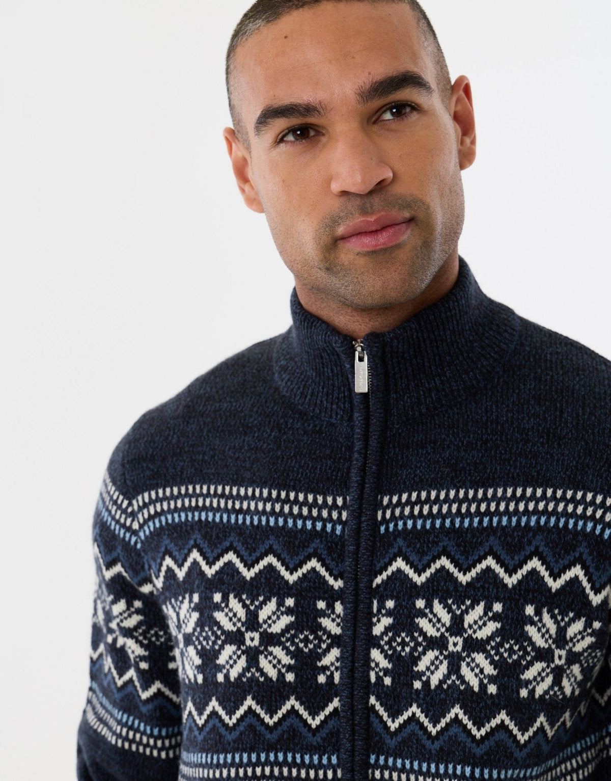 Men's Christmas Cardigan Fair Isle Snowflake Zip Through in Navy