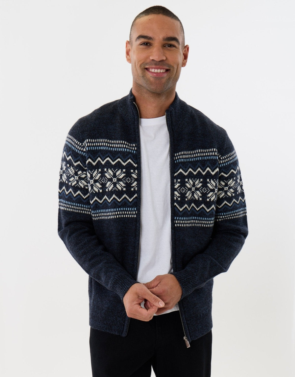 Men's Christmas Cardigan Fair Isle Snowflake Zip Through in Navy
