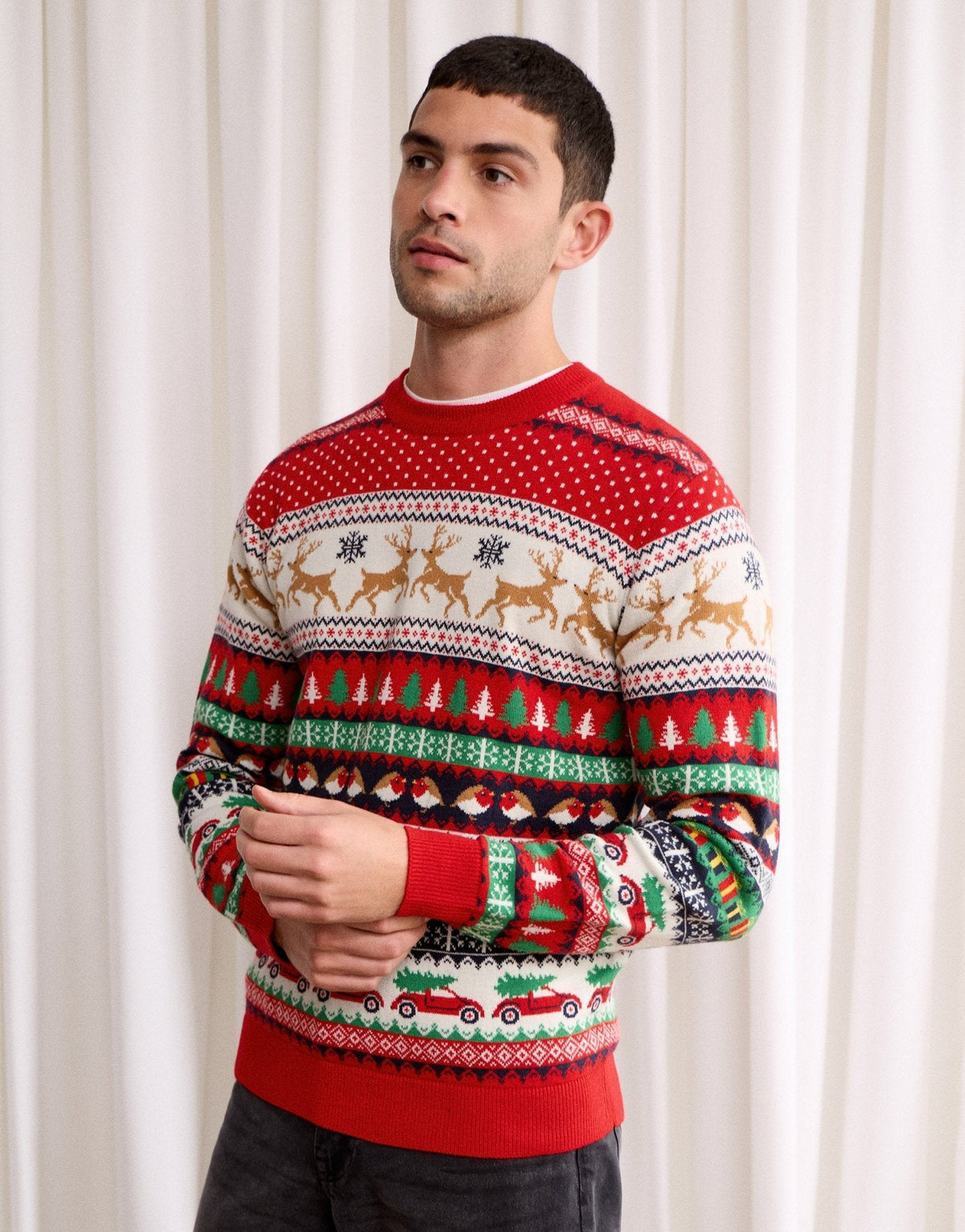 Men's Christmas Jumper Fair Isle Reindeer Robin Cable Knit in Red
