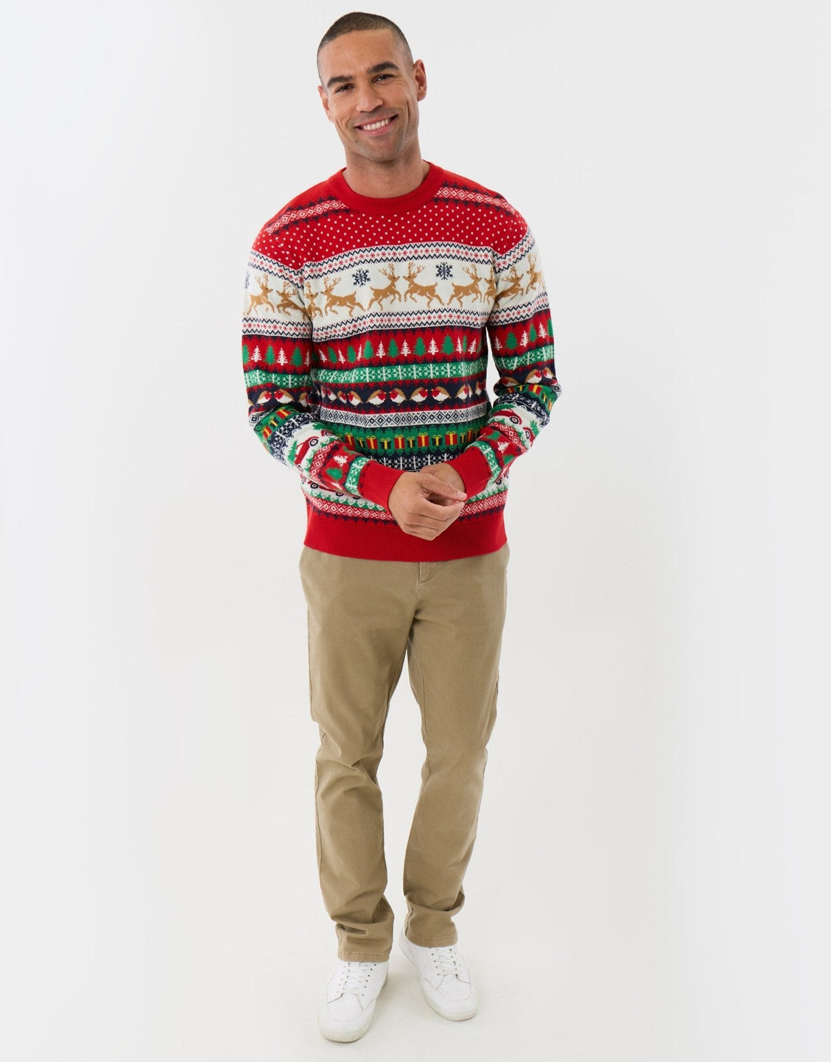 Men's Christmas Jumper Fair Isle Reindeer Robin Cable Knit in Red