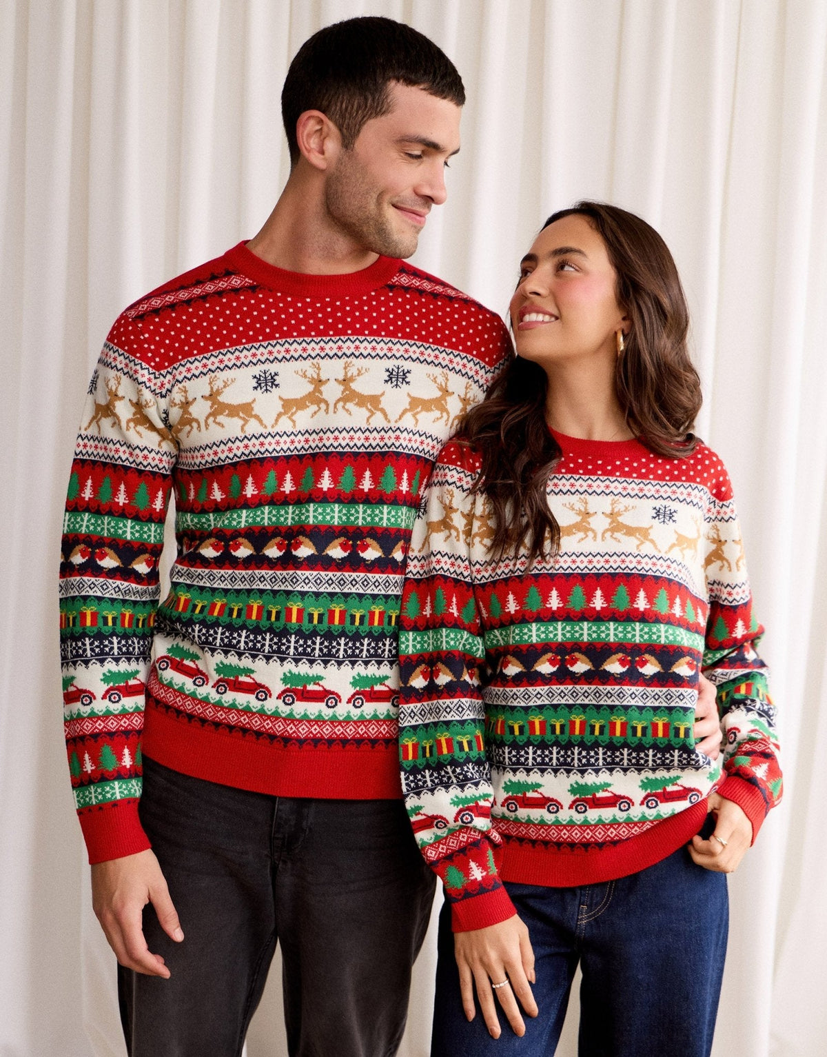 Men's Christmas Jumper Fair Isle Reindeer Robin Cable Knit in Red