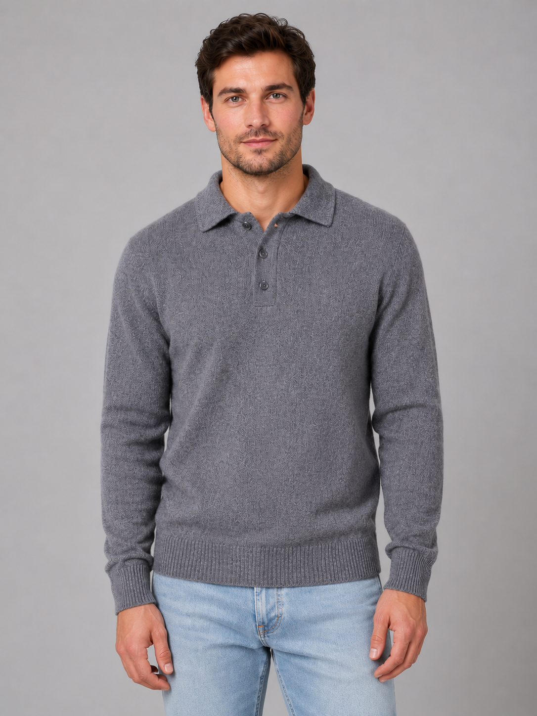 Men's Fine Knit Three-Button Polo Jumper