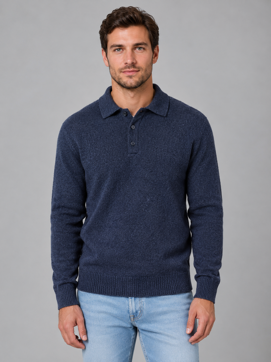 Men's Fine Knit Three-Button Polo Jumper