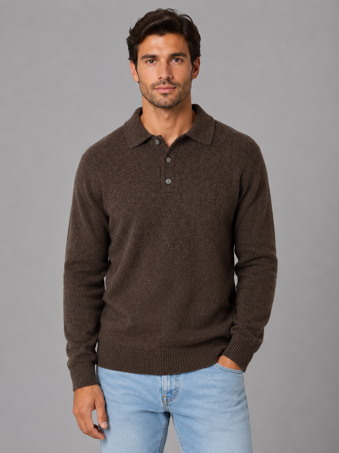 Men's Fine Knit Three-Button Polo Jumper
