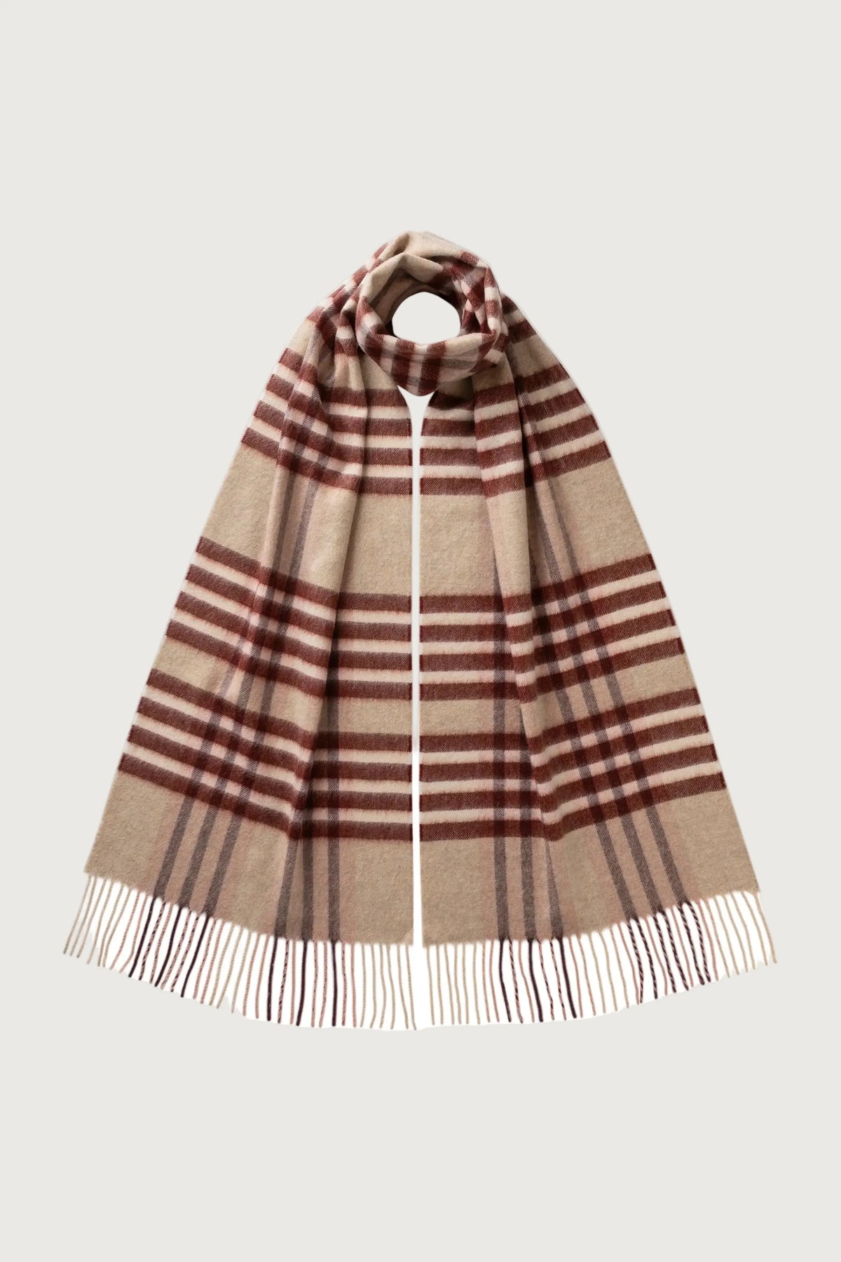Men's Grid Check Fringed Scarf in Beige