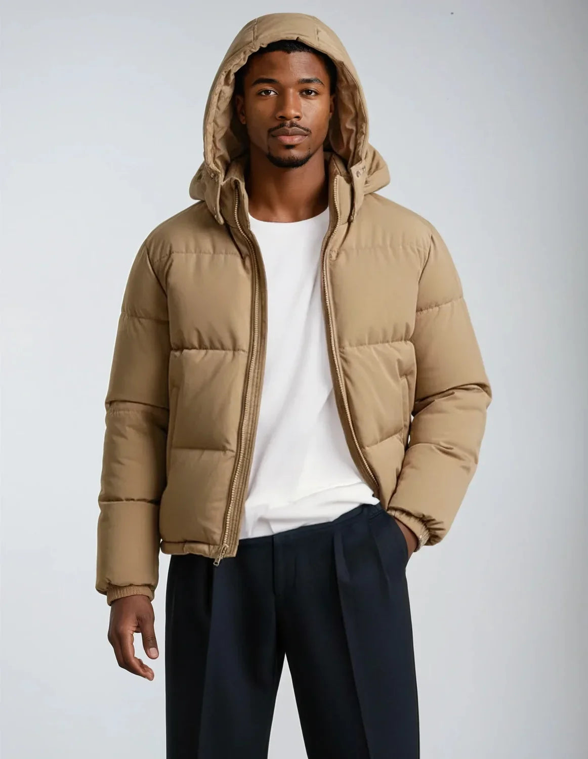 Men's Hooded Quilted Puffer Jacket with Drawstring Hem