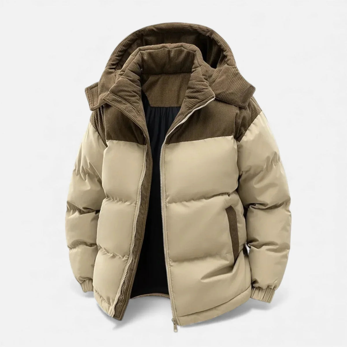 Men's Hooded Winter Puffer Jacket with Contrast Yoke