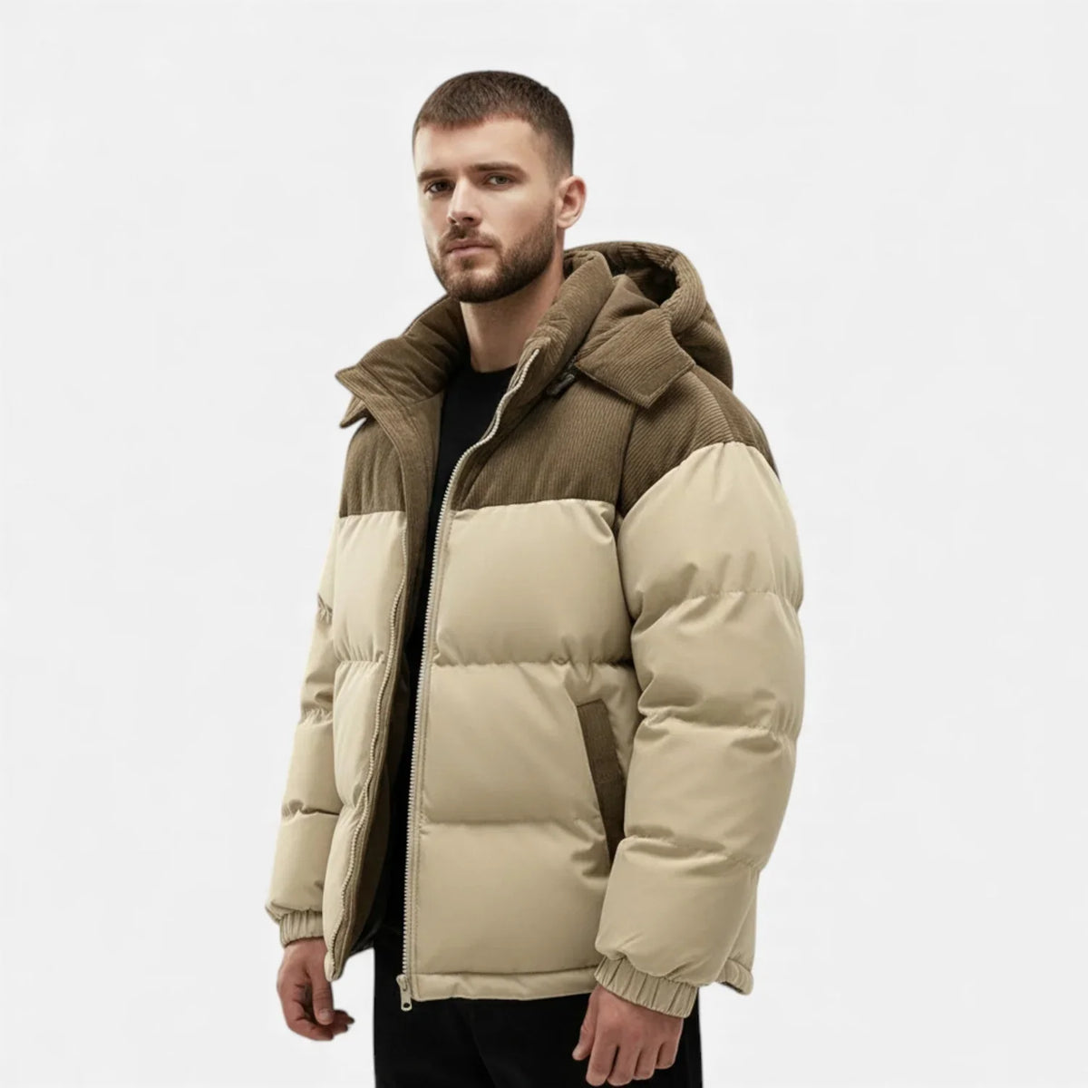 Men's Hooded Winter Puffer Jacket with Contrast Yoke