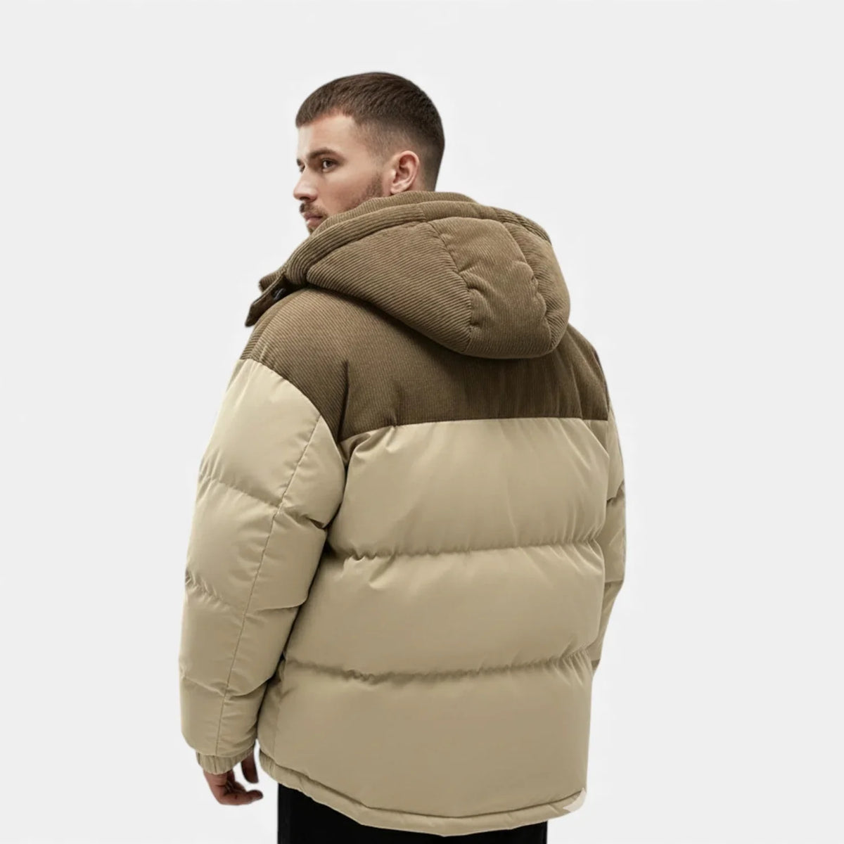 Men's Hooded Winter Puffer Jacket with Contrast Yoke