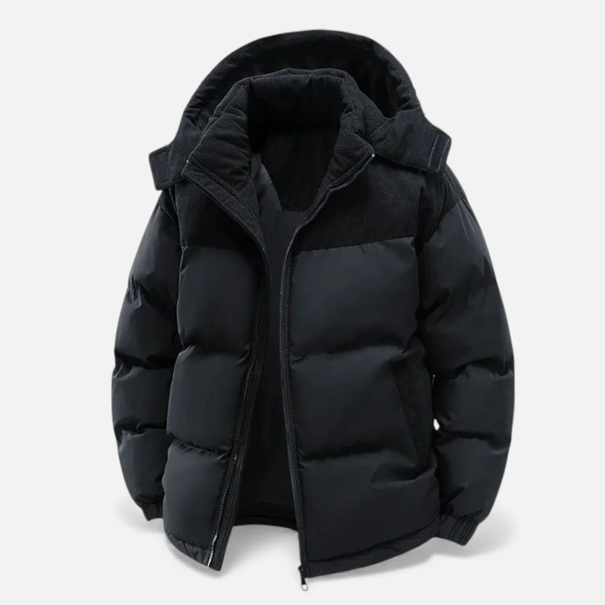 Men's Hooded Winter Puffer Jacket with Contrast Yoke