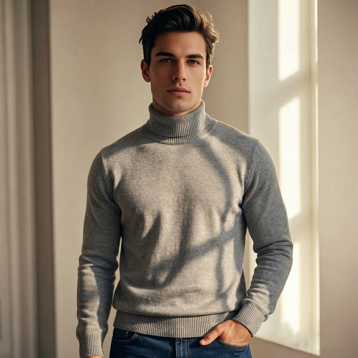 Men's Lightweight Fine Knit Roll Neck Jumper
