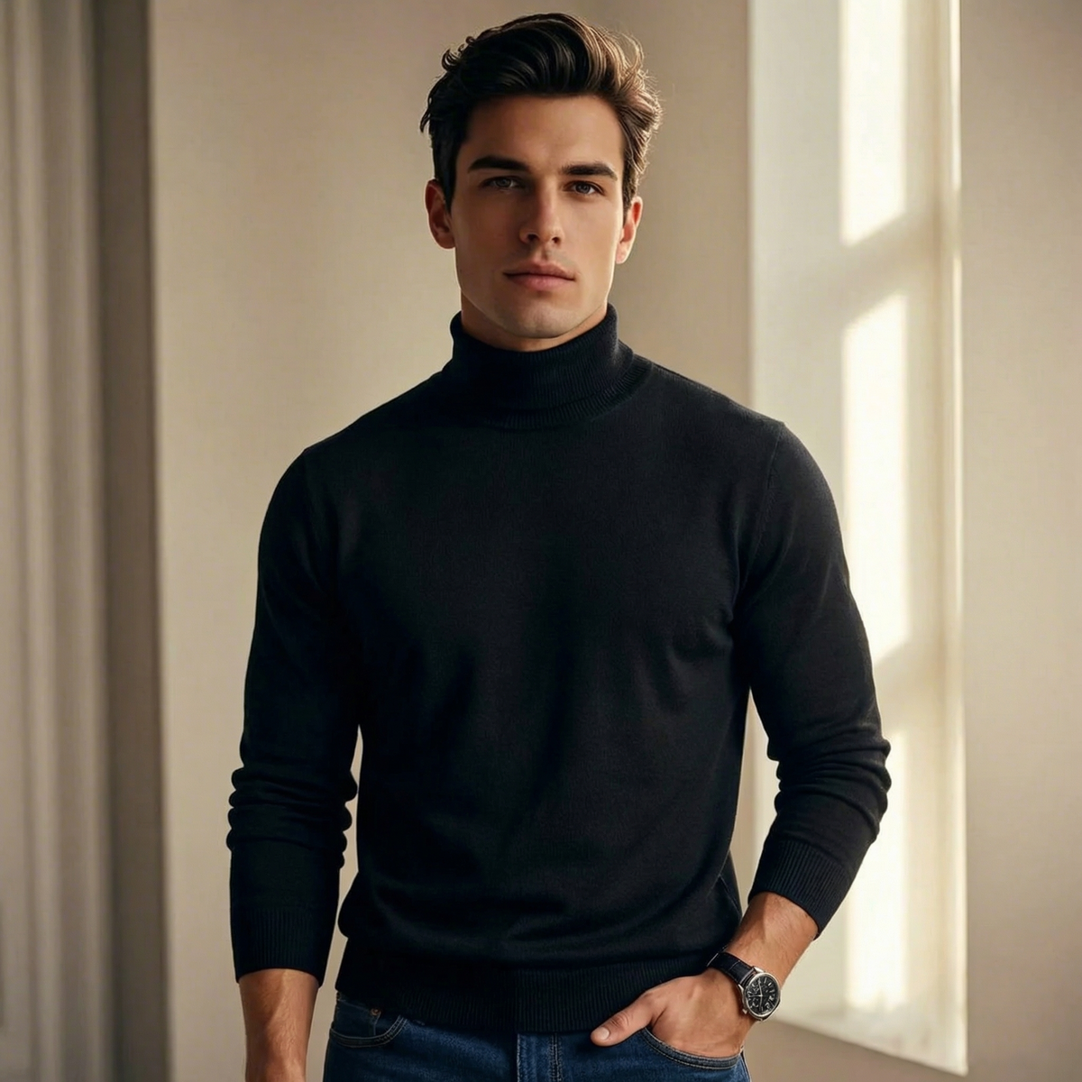 Men's Lightweight Fine Knit Roll Neck Jumper