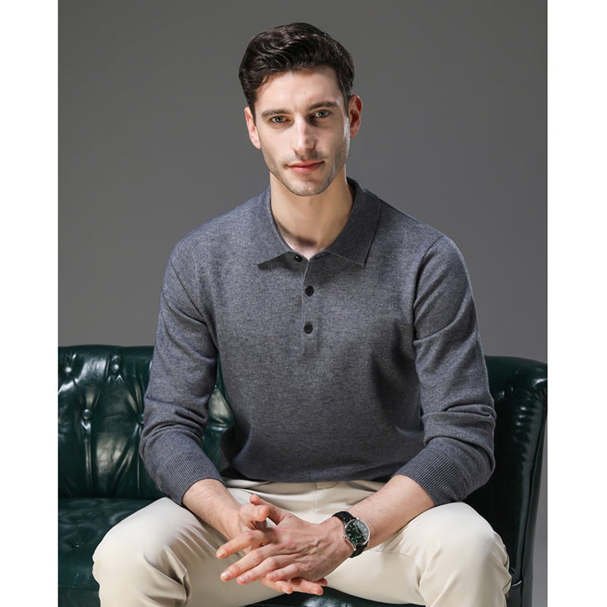 Men's Long Sleeve Fine Knit Polo Collar Jumper