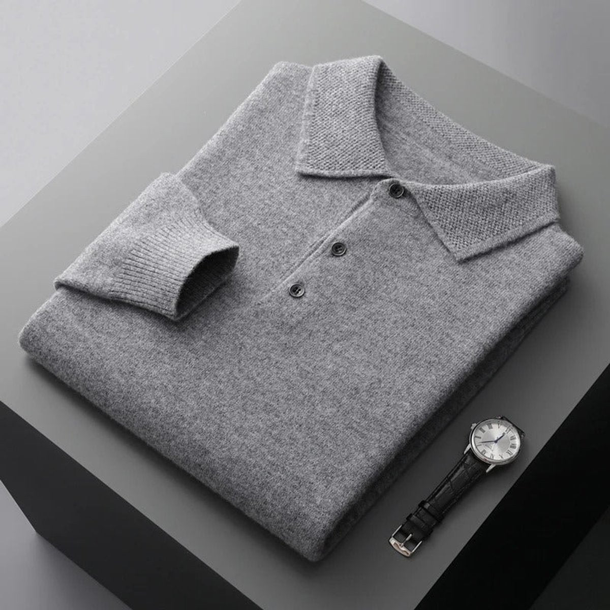 Men's Long Sleeve Fine Knit Polo Collar Jumper