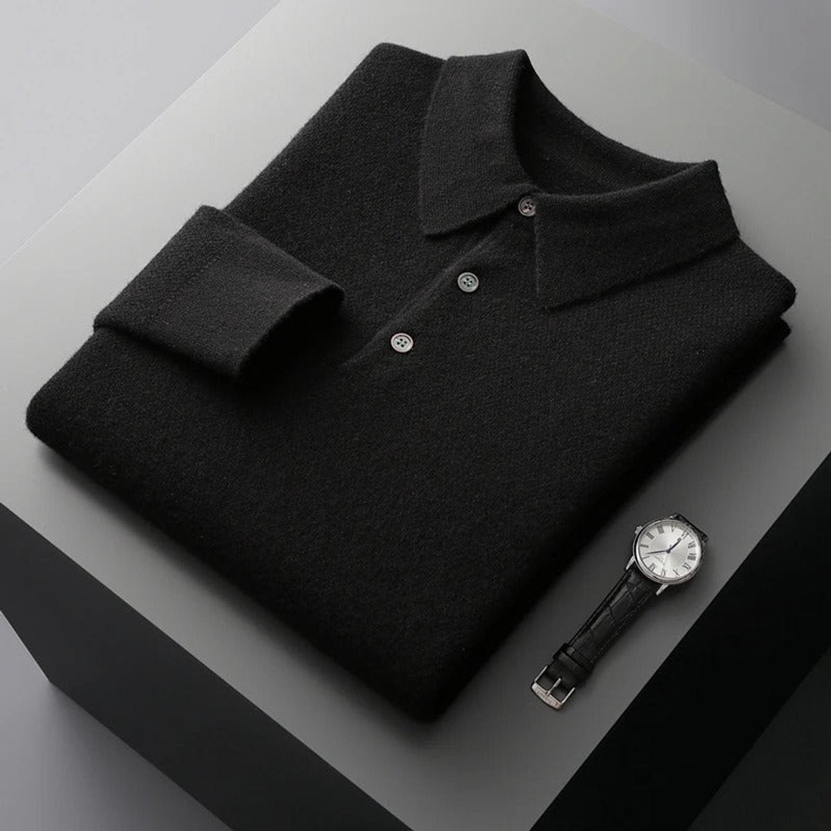 Men's Long Sleeve Fine Knit Polo Collar Jumper