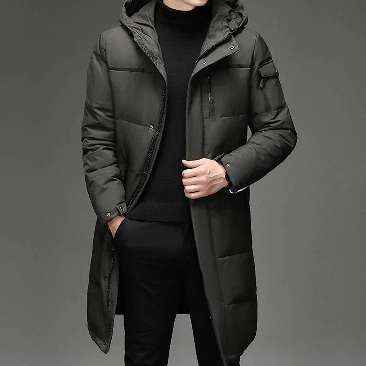 Men's Longline Hooded Puffer Coat with Zip Pockets