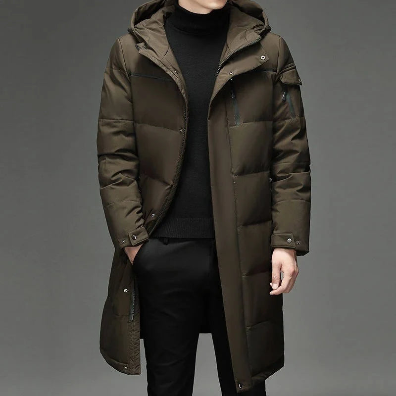Men's Longline Hooded Puffer Coat with Zip Pockets