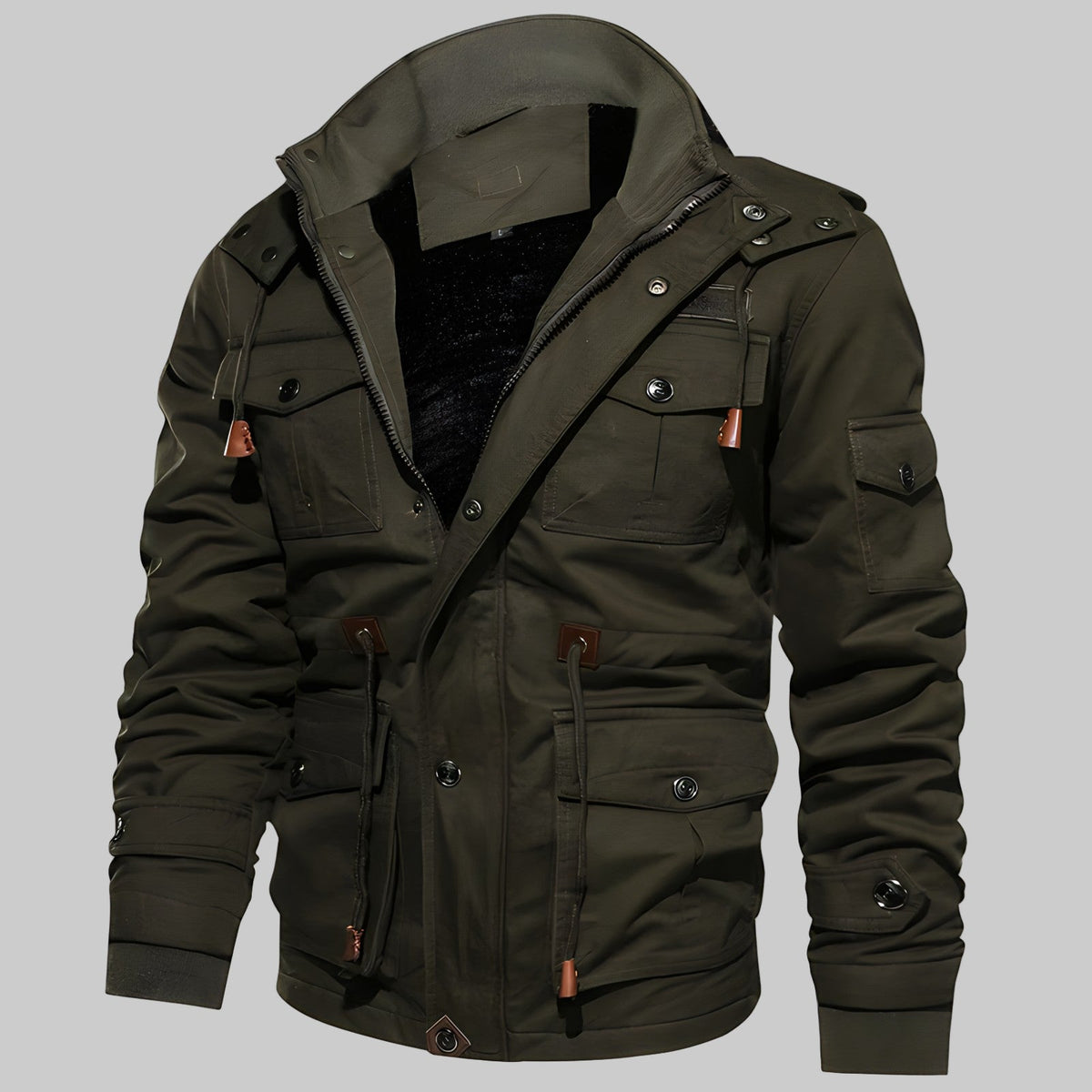 Men's Fleece Lined Multi-Pocket Utility Jacket with Hood