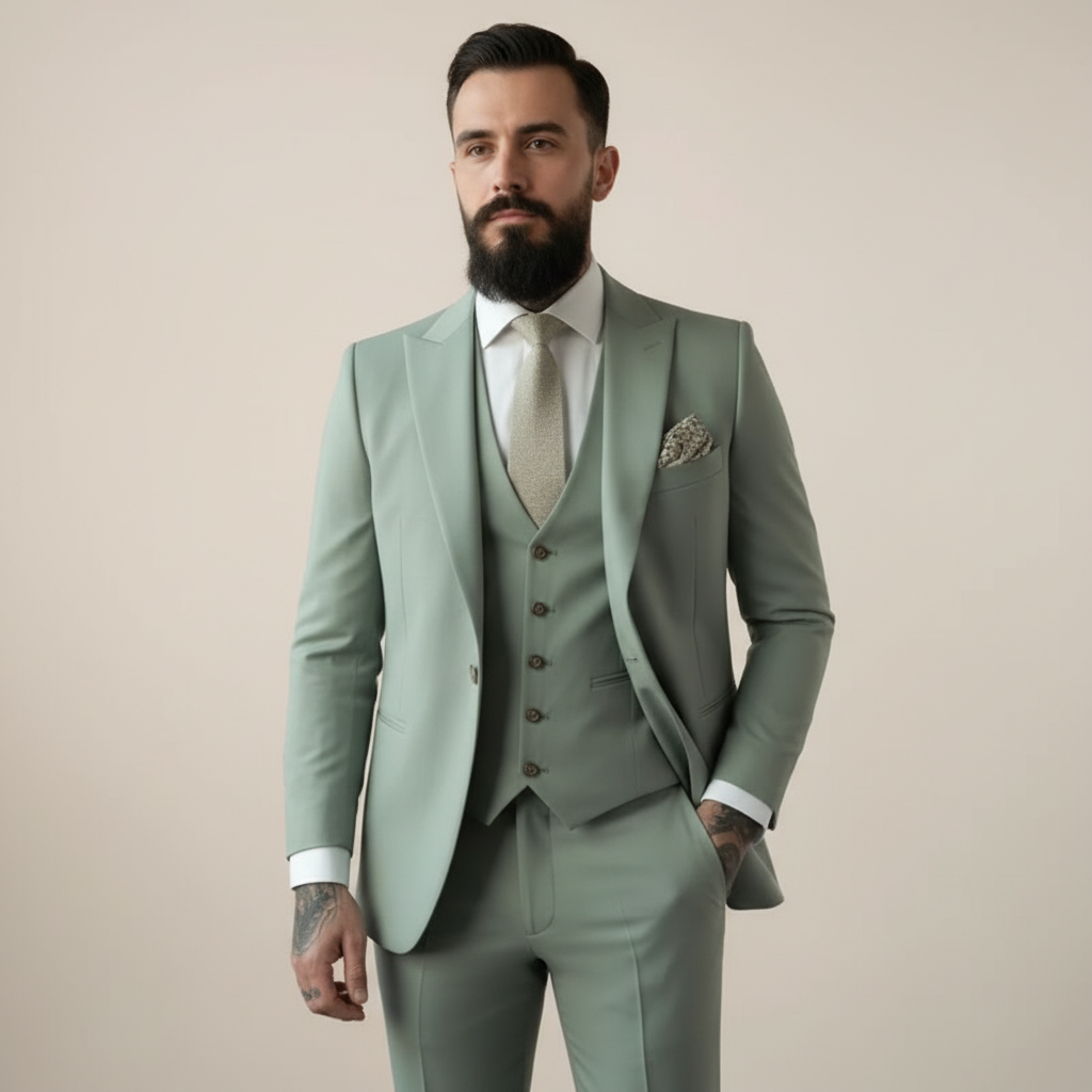 Men's Notch Lapel Three-Piece Suit in Sage Green