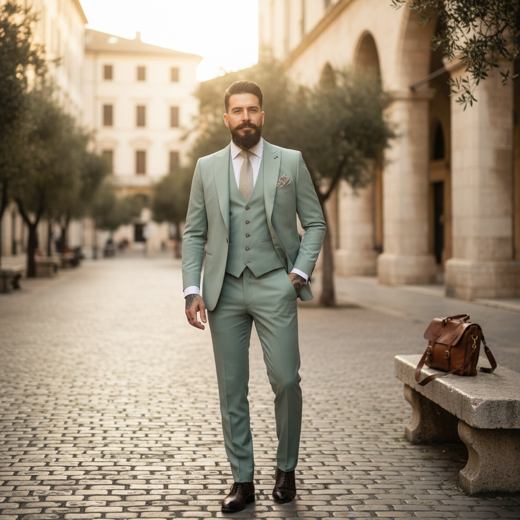 Men's Notch Lapel Three-Piece Suit in Sage Green