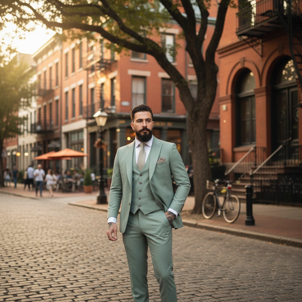 Men's Notch Lapel Three-Piece Suit in Sage Green