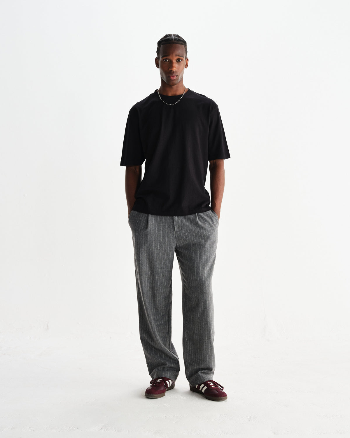 Men's Pleated Pinstripe Wool-Look Wide-Leg Trousers in Grey