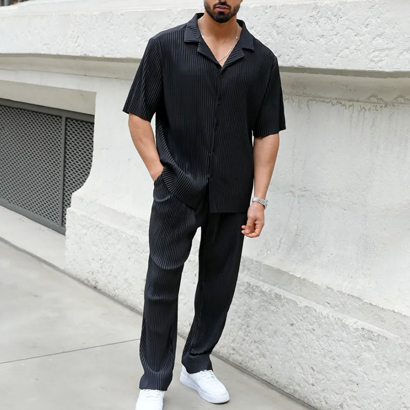 Men's Pleated Short Sleeve Shirt and Trousers Set