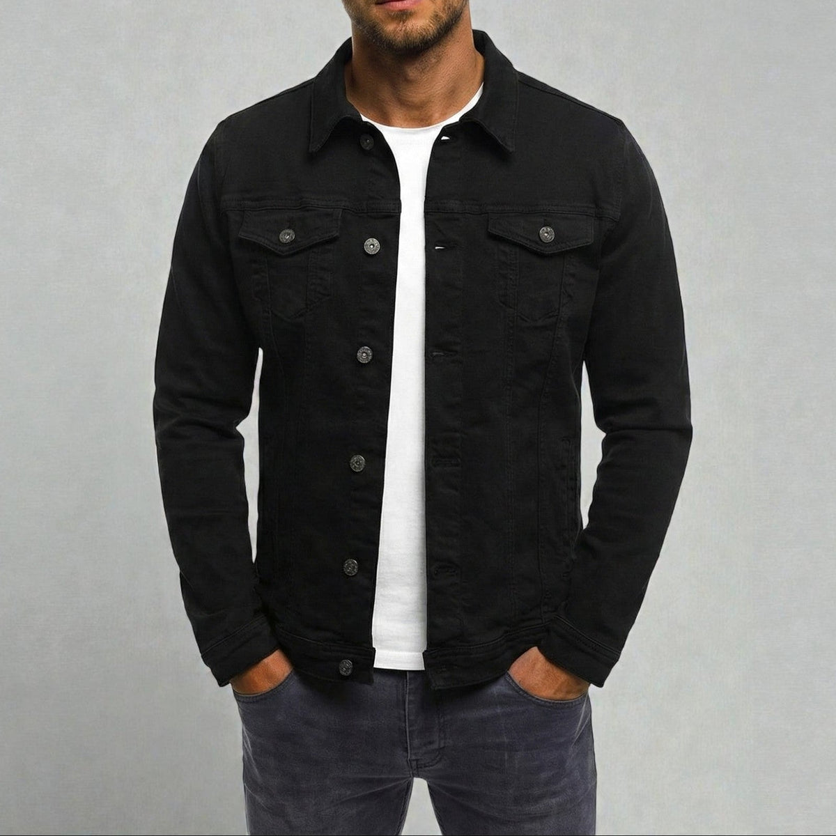 Men's Pointed Collar Button-Up Denim Trucker Jacket