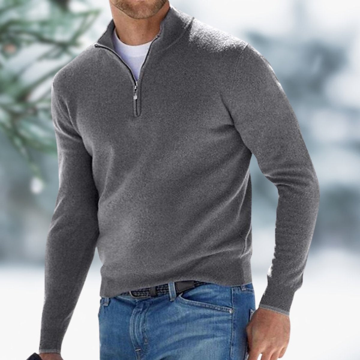 Men's Slim Fit Fine Knit Quarter-Zip Stand Collar Jumper