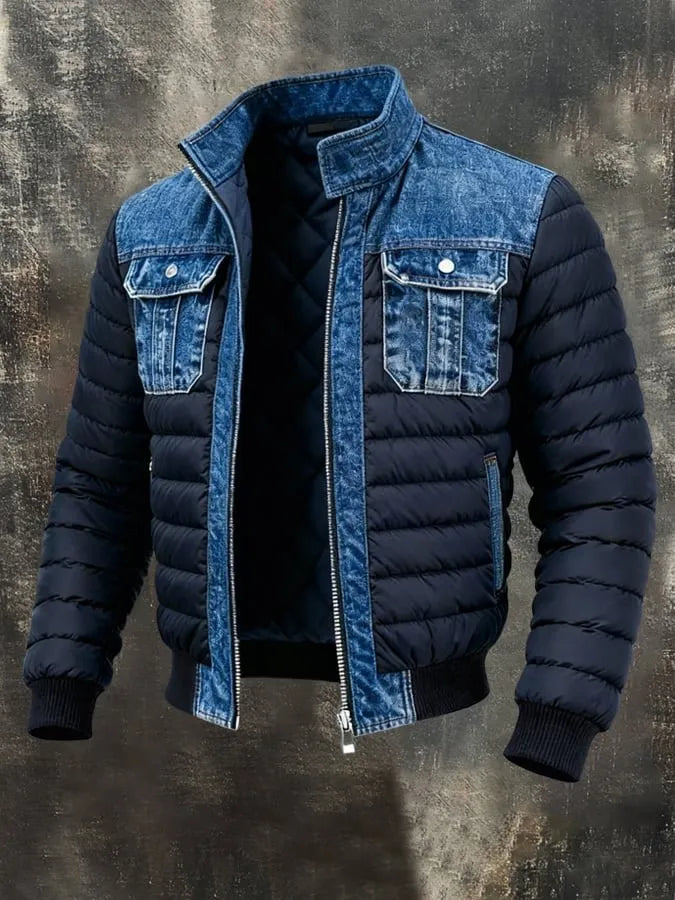 Men's Quilted High Collar Puffer Jacket with Chest Pockets