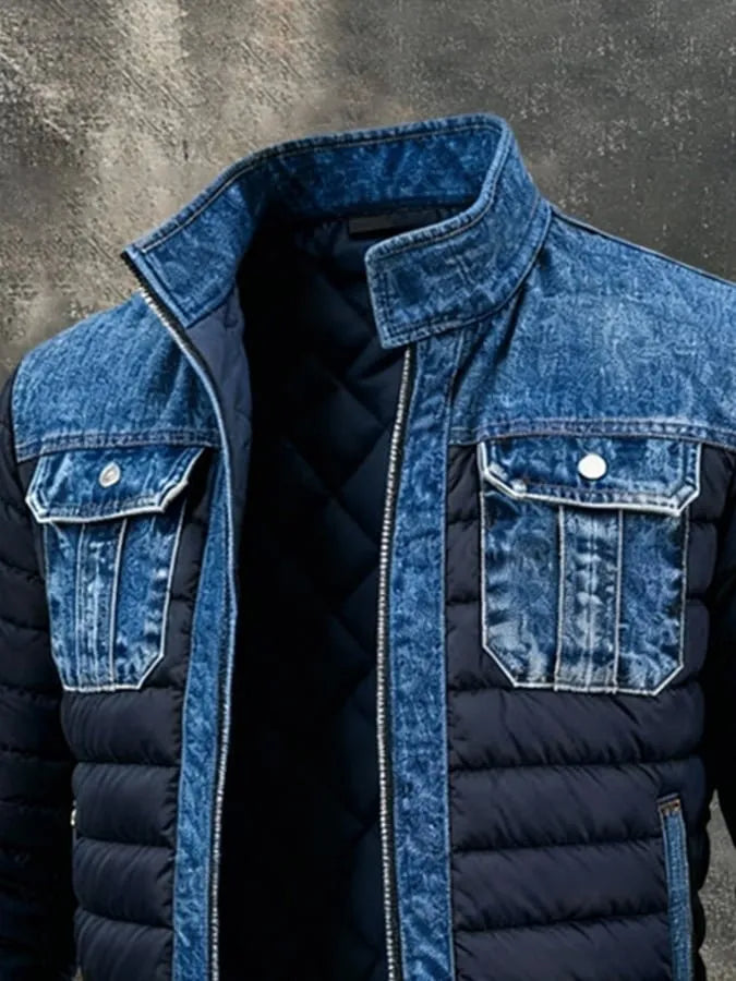 Men's Quilted High Collar Puffer Jacket with Chest Pockets
