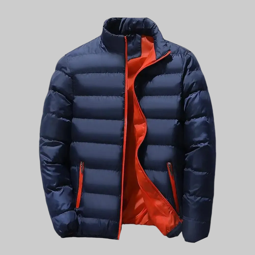 Men's Quilted Stand Collar Puffer Jacket with Zip Pockets