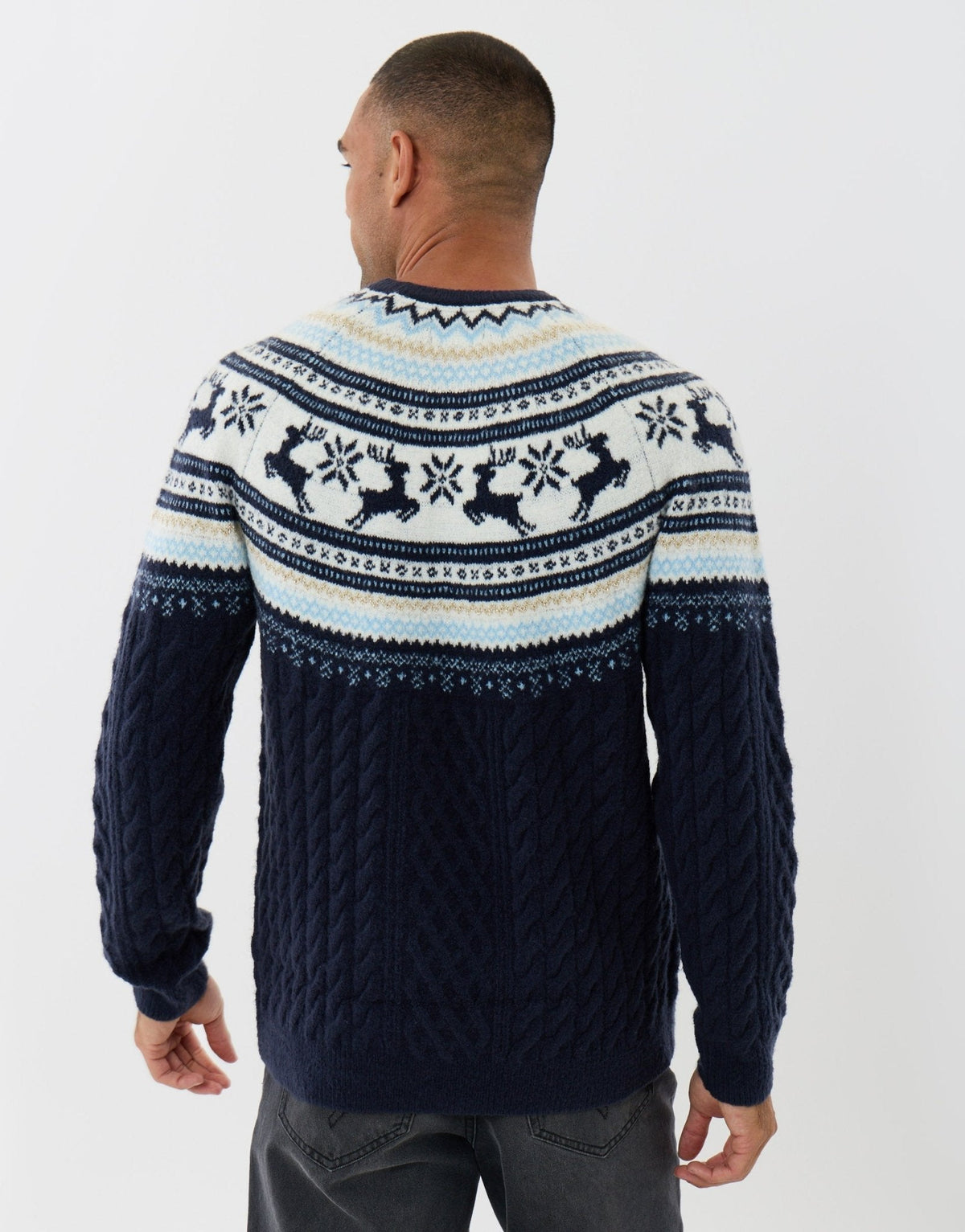 Men's Christmas Jumper Fair Isle Reindeer Yoke Cable Knit in Navy